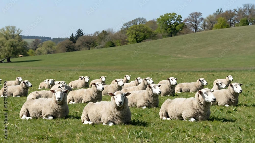 Fototapeta premium A flock of white sheep is resting on a green meadow on a hillside among trees on a sunny day. Rural landscape.