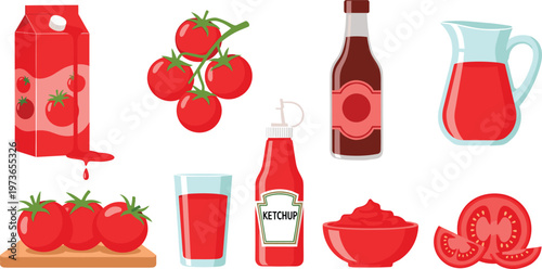 Tomato products vector set featuring fresh tomatoes, juice, ketchup bottles and sauce containers isolated on white background for food and cooking design