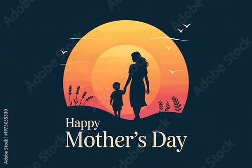 Mothers day greeting card with a mother and child silhouette at sunset