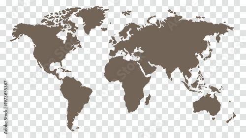 Minimalist Brown World Map Silhouette Isolated on Transparent Checkerboard Background