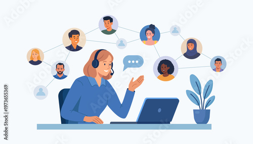 Business Networking. Woman working from home. Employees attending virtual meetings connecting with colleagues online. Professional network with diverse people connected through digital platform.