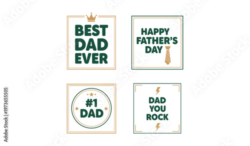 Four square father's day greeting cards with green text and symbols fathers happy
