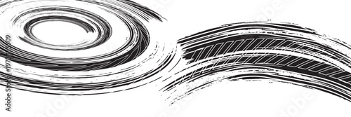 Auto tire tread grunge element. Car and motorcycle tire pattern, wheel tyre tread track. Black tyre print.