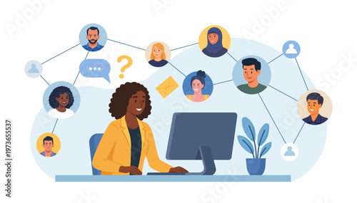Business Networking. Woman working from home. Employees attending virtual meetings connecting with colleagues online. Professional network with diverse people connected through digital platform.