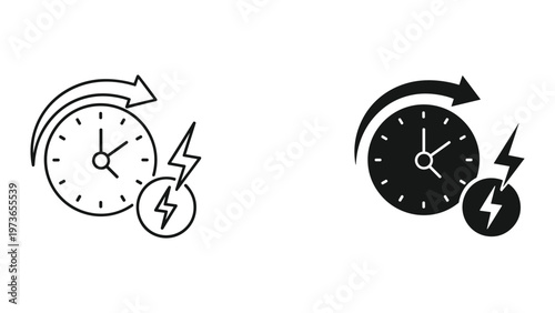 Two clock icons with lightning bolts and arrows indicating time reversal or reset