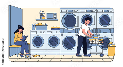Young woman reading a book while waiting for her laundry and man putting clothes into a washing machine at a laundromat.