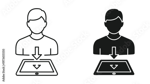 An illustration showing a person interacting with a tablet device, presented in both outline and solid black fill styles to demonstrate different graphic techniques used in digital illustrations
