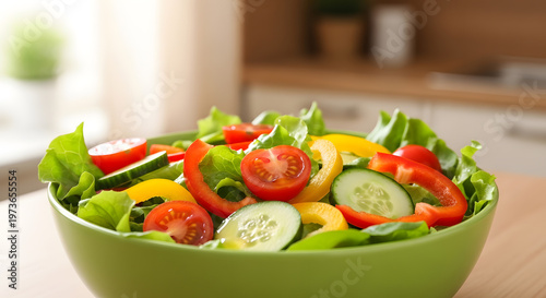 A vibrant fresh salad with colorful vegetables in a green bowl