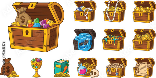 Treasure chests vector set featuring open and closed chests filled with gold coins, gems and pirate loot isolated on white background for fantasy design