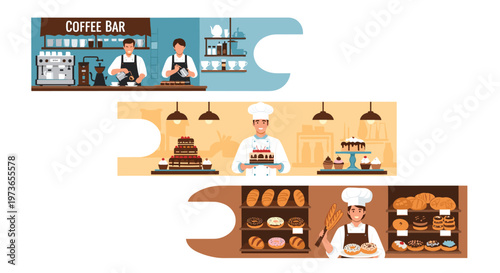 Collection of horizontal banners featuring professional baristas in a coffee bar, a pastry chef with cakes, and a baker with bread.