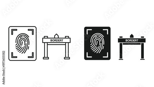 A set of four black and white icons depicting fingerprint scanning and border control checkpoints