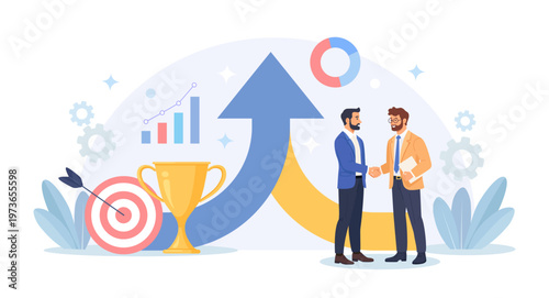 Business merger or cooperation concept. Businessmen handshaking with assembled arrow on background to work together to achieve same goal. Joint venture, successful partnership.