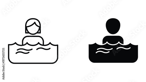 Two simple line icons depicting people swimming in a pool in black and white colors