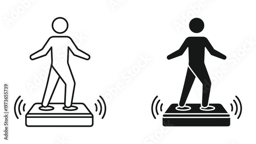 Two stick figures standing on vibrating platforms in black and white illustrations