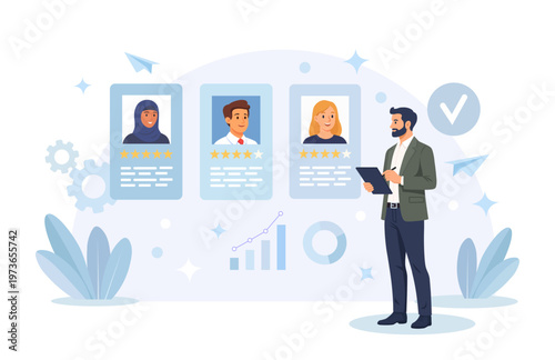 Recruitment process. Human resource management and hiring. Hr manager searching new employee, reading CV and giving job candidate review. Businessmen choosing best specialists.