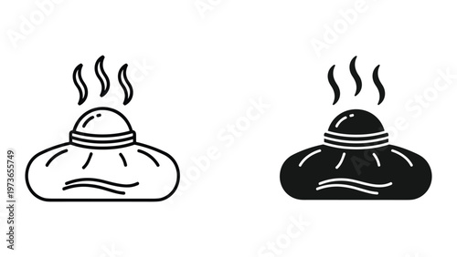 Two steaming sauna hats are shown side by side one in black and white and the other in solid black on a white background