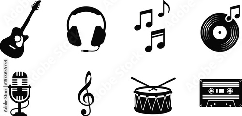 Diverse music icons set guitar headphones notes vinyl more vector illustration for music projects