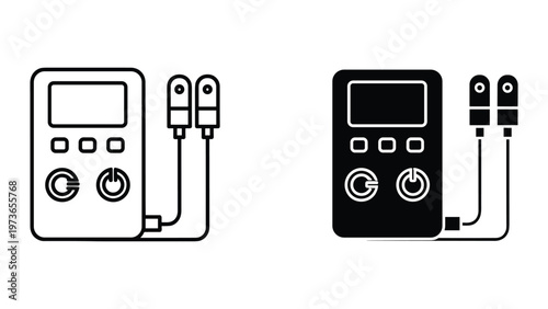 A digital multimeter with two test leads placed in an upright position against a plain background, showcasing both the outline and solid black versions for electrical testing and measurement purposes