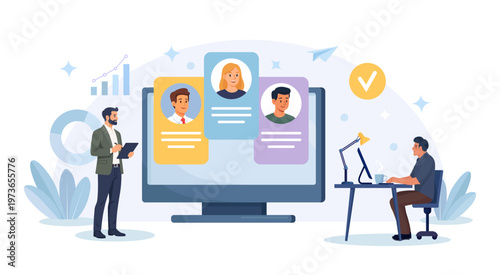 Human resources and hiring concept. HR manager select profiles of candidates with photos and resume online. Job search. Businessman put work experience on applicant CV