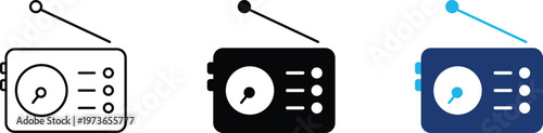 Analog radio icon showing professional global broadcast and frequency tuning symbol. Professional illustration for mass communication media, wireless audio technology, and portable electronics.