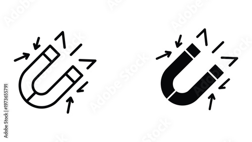 Two black and white illustrations of horseshoe magnets with arrows indicating magnetic field lines