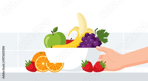Hand holding bowl overflowing with fresh fruits like banana, apple, grapes, strawberries, oranges