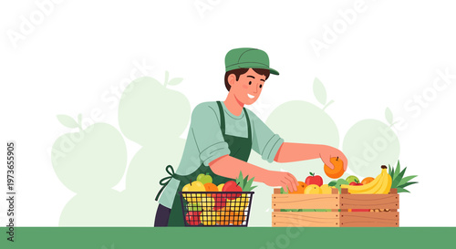 Grocer arranging fresh fruits in wooden crate and basket, healthy food concept