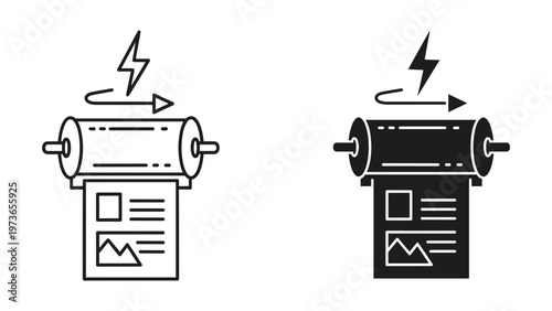 Two simple icons depicting a light and dark mode toggle for a website or application with a cylindrical switch and lightning bolt
