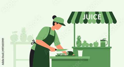 Juice vendor preparing fresh fruit drinks at a street stall, healthy lifestyle concept