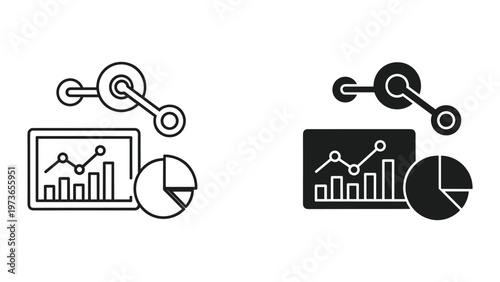 A graphic representation of financial data displayed on a computer monitor, accompanied by a chain link symbol and a pie chart illustrating data analysis in a minimalistic style