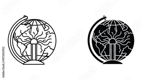 A black-and-white line drawing of a globe with a lightbulb fuse, representing environmental awareness and renewable energy concepts