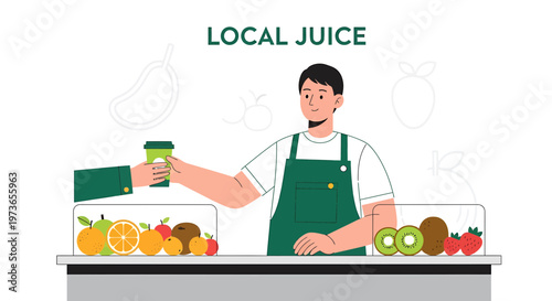 Man selling fresh local juice from a stand with assorted fruits, healthy lifestyle concept