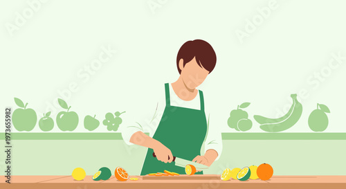Person in apron chopping fresh fruits on cutting board, healthy food preparation