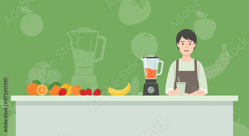Smiling Barista Making Fresh Fruit Smoothie at Counter with Blender and Fruits