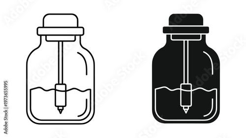 Two black and white illustrations of a dip pen in a glass inkwell on a white background