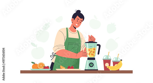 Woman making a healthy fruit smoothie in a blender, fresh ingredients on counter