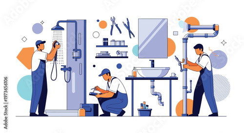 Team of professional plumbers installing a shower, repairing a sink, and fixing pipes in a well-equipped workshop or bathroom.