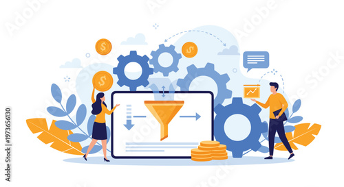 Man and woman analyzing a business sales funnel on a digital monitor surrounded by cogs and golden coins representing data conversion.
