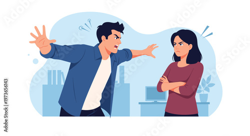 Angry man shouting and gesturing towards a woman who has her arms crossed with a frustrated and stubborn expression.