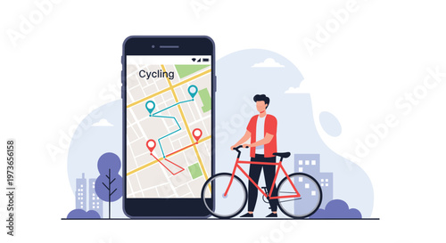 Cyclist standing with his red bicycle next to a large smartphone displaying a cycling route map with location markers.