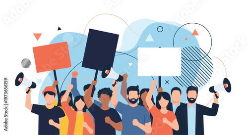 Diverse crowd of people participating in a public protest or demonstration holding megaphones and blank placards for messaging.