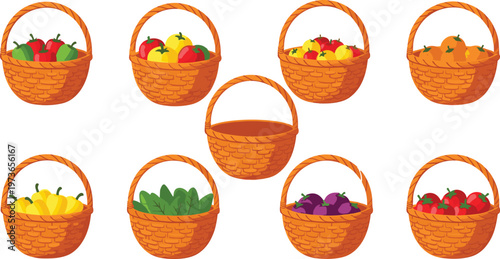 Wicker baskets with fruits and vegetables vector set featuring fresh produce in woven baskets isolated on white background for market and harvest design