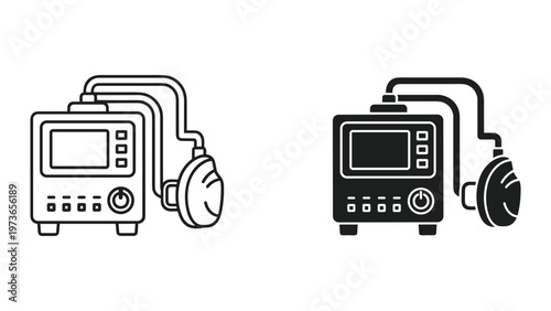 A pair of simplified black and white line art icons depicting a medical infusion pump with attached headset in a clear and minimalistic style suitable for healthcare and technology-related designs