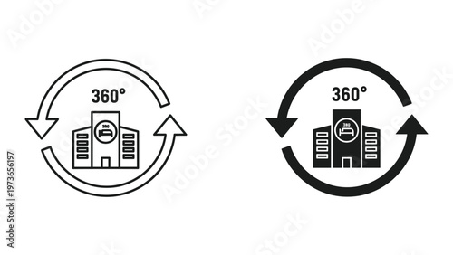 A modern weather icon illustration depicts a building with a circular arrow symbolizing continuous weather updates or climate change rotation effects on the environment.