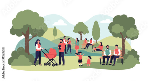 Vibrant city park scene filled with diverse people and families relaxing on benches, walking, and playing on a sunny day.