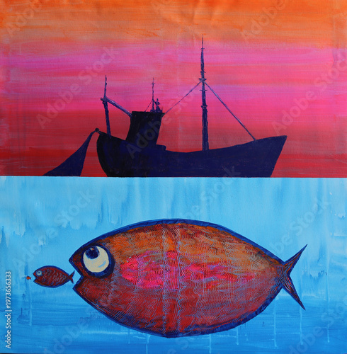 Abstract art painting the big fish eat little fish