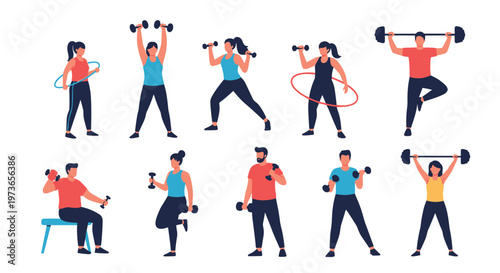Large set of diverse male and female characters performing different fitness exercises including lifting weights and hula hooping.