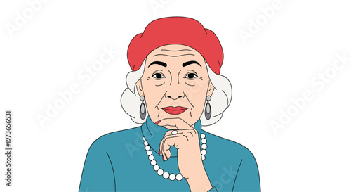 Elegant elderly woman with grey hair wears a red beret, pearl necklace, and large earrings while posing with a thoughtful expression.
