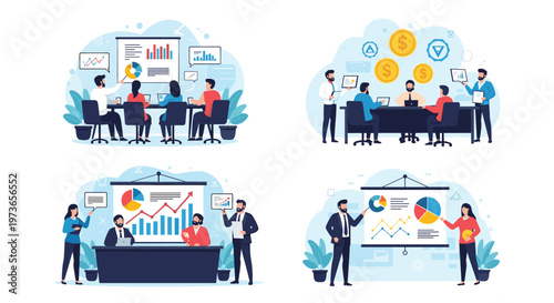 Collection of business meeting scenes shows professionals conducting presentations, analyzing data, and collaborating in various office settings.