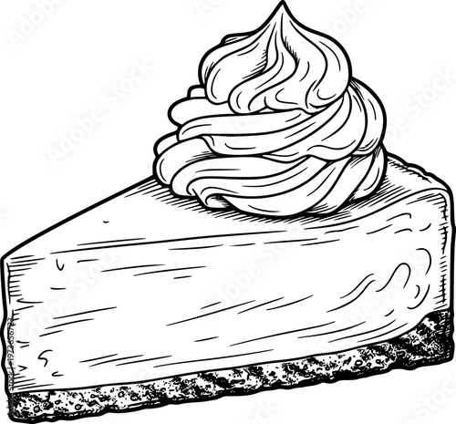 Hand Drawn Slice of Cheesecake with Swirled Whipped Cream White Background dessert